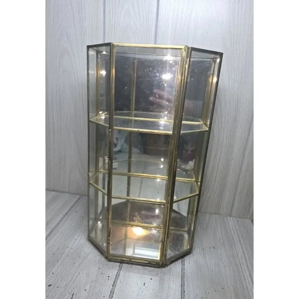 Vtg Glass Mirror Brass Curio Trinket Display Cabinet 3 Shelves Miniatures FLAW